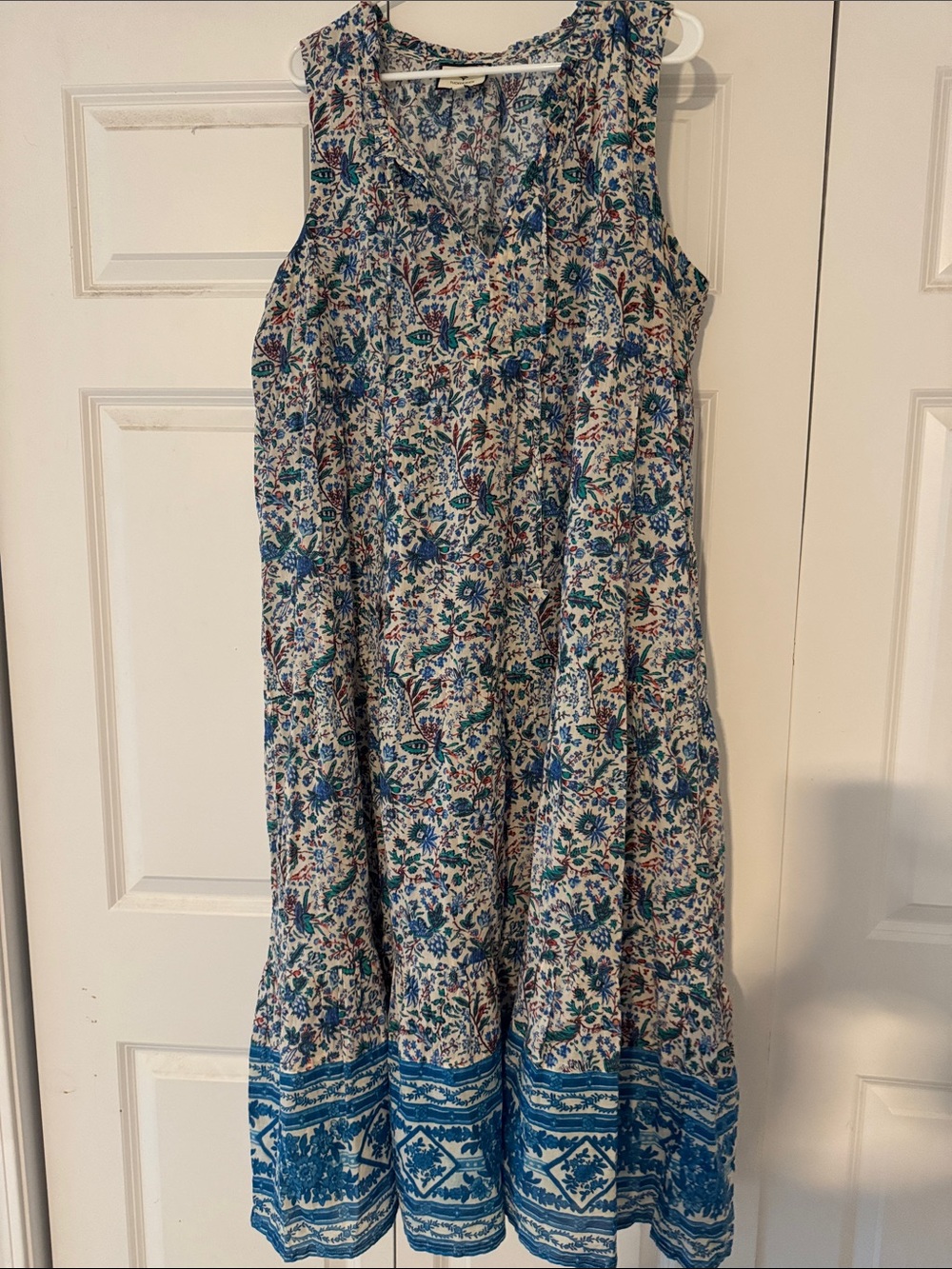 Sleeveless Maxi Dress with Blue Floral Border - Women